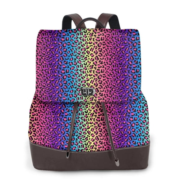 Xecao Leopard Neon Rainbow Gradient Print Large Backpack Soft Leather for Women Travel with Compartment, Adjustable Convertible Strap
