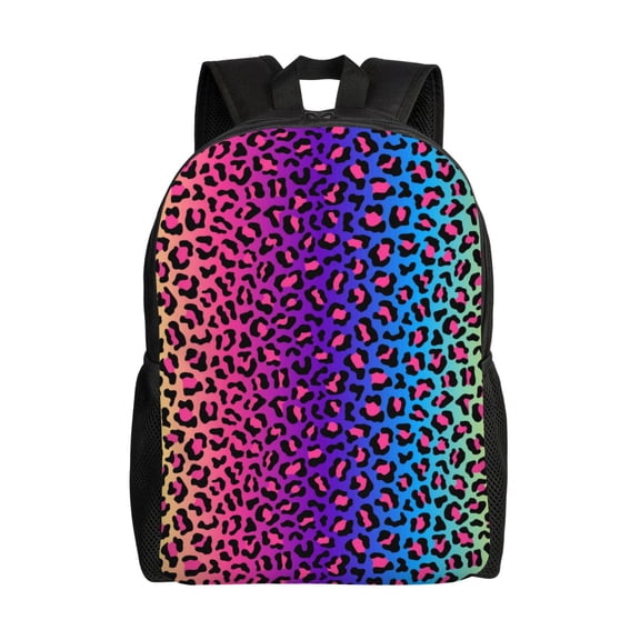 Xecao Leopard Neon Rainbow Gradient Print School Backpack with Laptop Compartment Small Travel Laptop Backpack for Women Men Waterproof College Backpack Simple School Bag