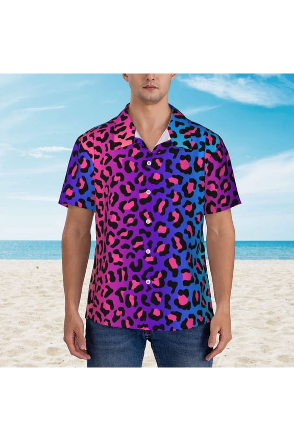 Leopard Neon Rainbow Gradient print Hawaiian shirt - a stylish short-sleeve button-down for men, perfect for casual beach and tropical outings.