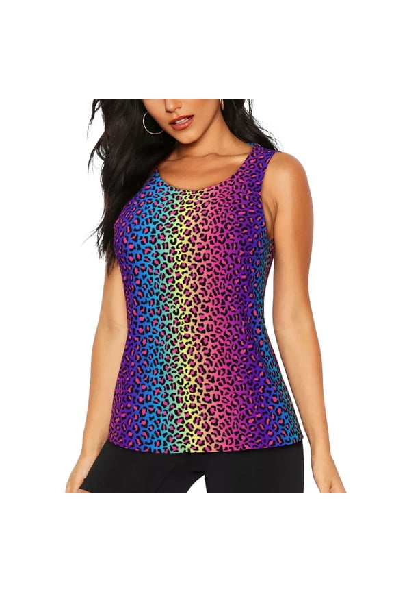 Leopard Neon Rainbow Gradient print women's scoop neck, loose-fit workout tank tops for the gym.