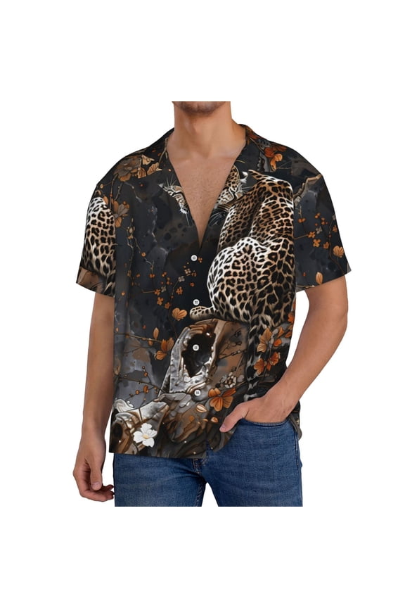 Leopard On Tree Branch Men's Casual Short-sleeved Shirt, a button-up collared shirt with a pocket-Large