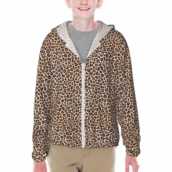 Xecao Leopard Print-2 Print Fishing Shirts for teenager Long Sleeve UV Sun Protection Hoodie with Zipper Outdoor Hiking Shirts-XX-Large