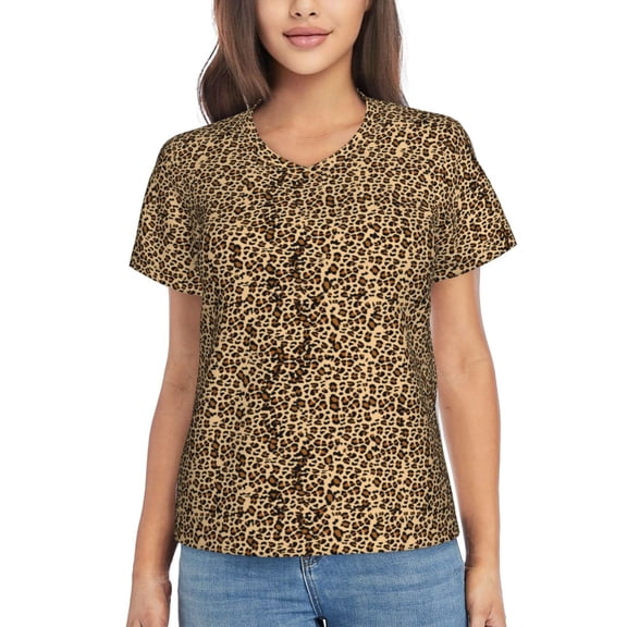 Xecao Leopard Print Brown for Women's V-Neck T-Shirts-Elegant Half-Sleeve Tops Perfect for Summer-Small
