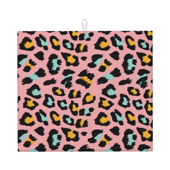 Xecao Leopard Print Dish Drying Mat for Kitchen Counter,Absorbent Coffee Bar Mat, Dish Drainer Rack Mats,Dining Room Decoration