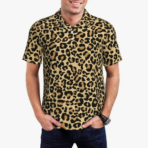 Xecao Leopard Print Mens' Casual Short Sleeve Button-Down Polo Shirts for a Classic Golf Shirts-Medium