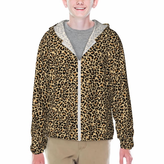 Xecao Leopard Print Print Fishing Shirts for teenager Long Sleeve UV Sun Protection Hoodie with Zipper Outdoor Hiking Shirts-Medium