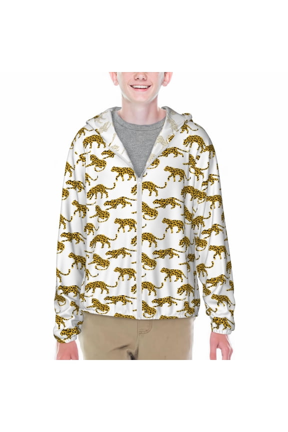 Leopard Print Print Fishing Shirts for teenager Long Sleeve UV Sun Protection Hoodie with Zipper Outdoor Hiking Shirts-X-Large