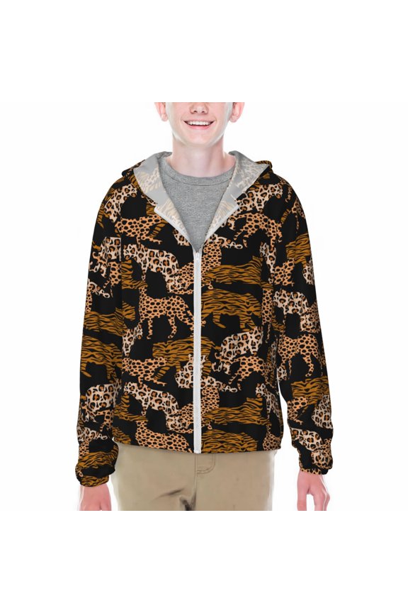 Leopard Print Print Fishing Shirts for teenager Long Sleeve UV Sun Protection Hoodie with Zipper Outdoor Hiking Shirts-XX-Large