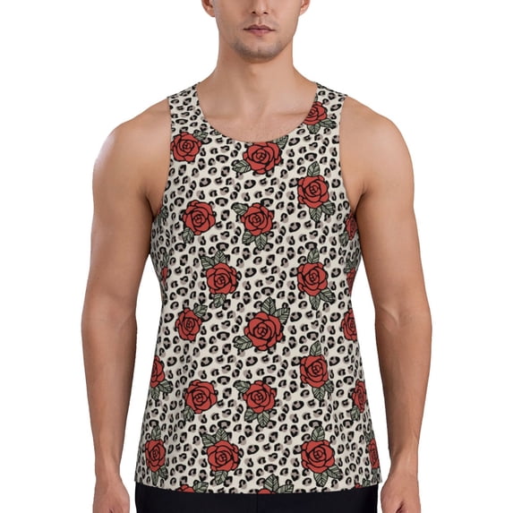 Xecao Leopard Print Rose Men's Tank Top Workout Quick Dry Sleeveless Gym Jogging Muscle Shirts Summer Swim Beach Tops