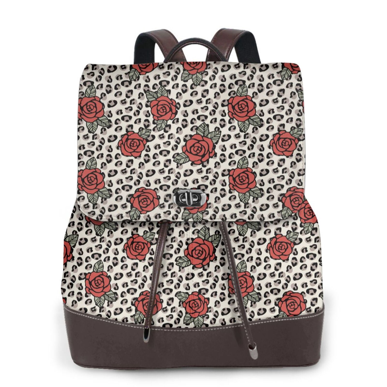 Xecao Leopard Print Rose Print Large Backpack Soft Leather for Women ...