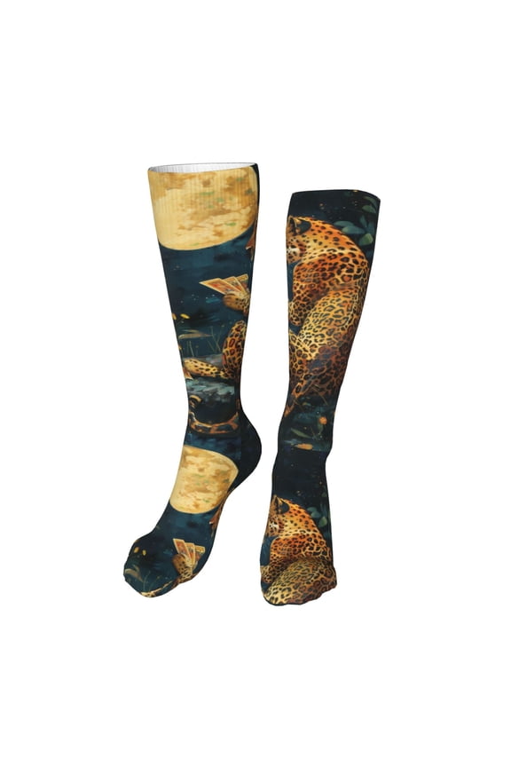 Leopard Reading Tarot Cards Print Calf Socks Seamless Toe, Knee High Long Socks, Sports Socks Trouser Socks for Women and Men-One Size
