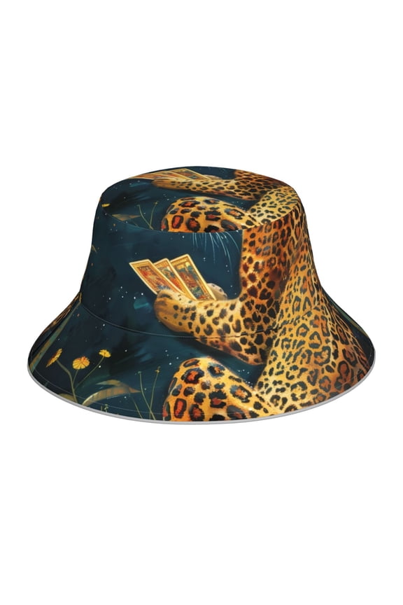 Leopard Reading Tarot Cards Print Men and Women Night Reflective Hat Runner Cap Visor Bucket Hat Boonie Cap
