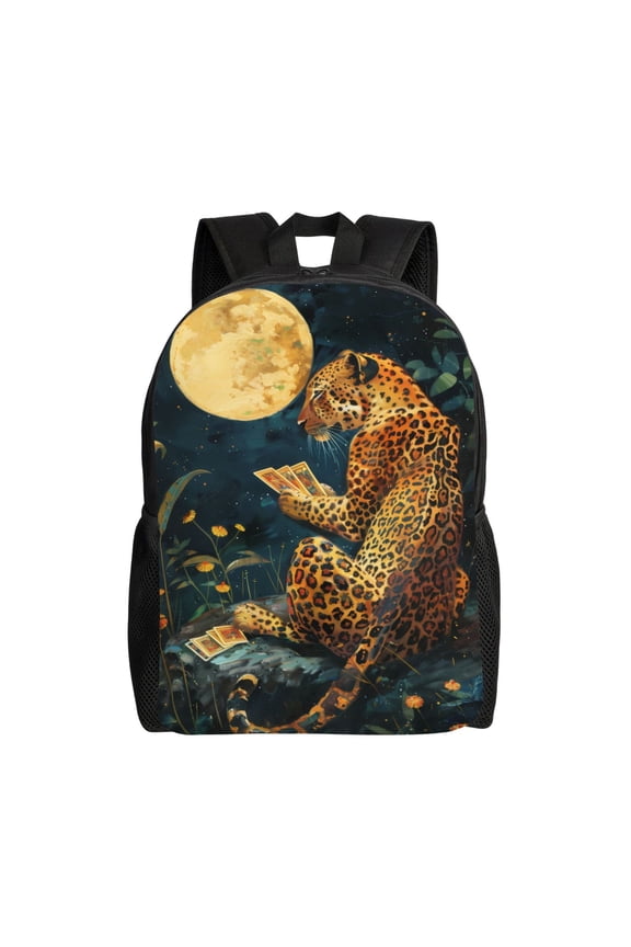 Leopard Reading Tarot Cards Print School Backpack with Laptop Compartment Small Travel Laptop Backpack for Women Men Waterproof College Backpack Simple School Bag
