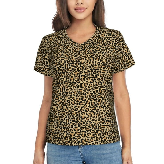 Xecao Leopard Print for Women's V-Neck T-Shirts-Elegant Half-Sleeve Tops Perfect for Summer-Medium