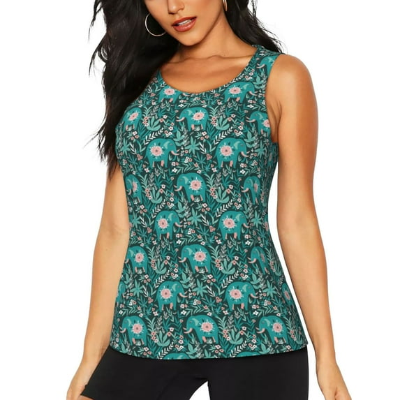 Xecao Lephants in the Jungle print women's scoop neck, loose-fit workout tank tops for the gym.