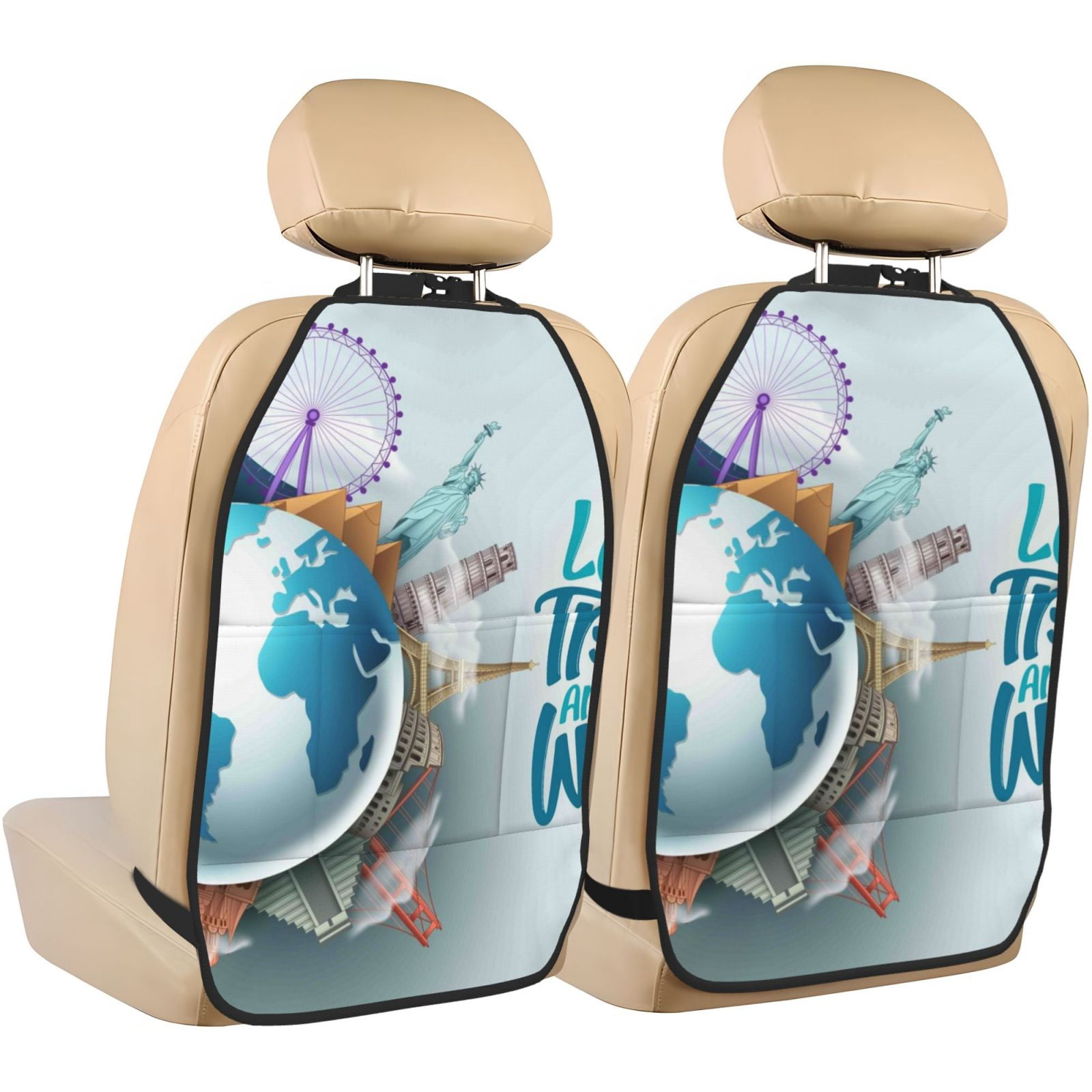 Xecao Let's go Travel Around the World Pattern Car Seat Back Protector 2 Pack Large Capacity Pocket, Kick Mats Back Seat Protector