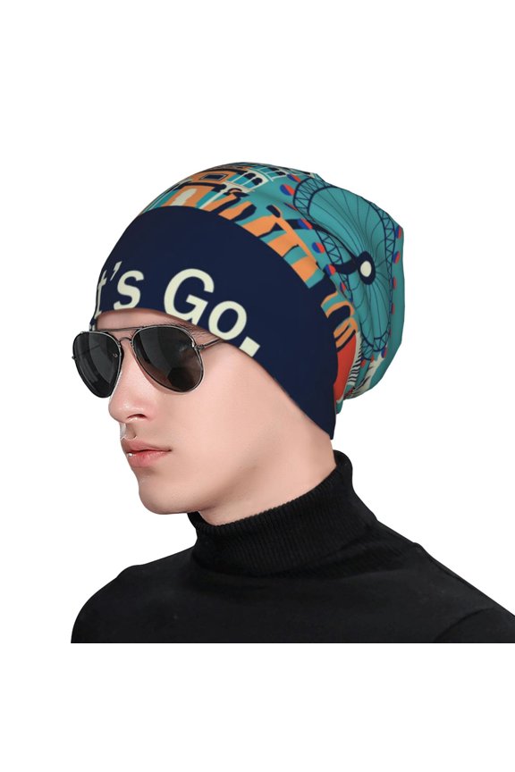 Let's go Travel Print Beanie Knitted Hat for Men Women, Winter Fashion Knit Cuffed Caps Unisex