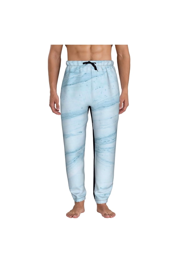Light Blue Marble Print Active Tech Joggers for Men, Mens Sweatpants Lounge Pants with Pockets-Medium