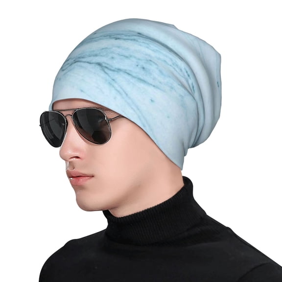 Xecao Light Blue Marble Print Beanie Knitted Hat for Men Women, Winter Fashion Knit Cuffed Caps Unisex
