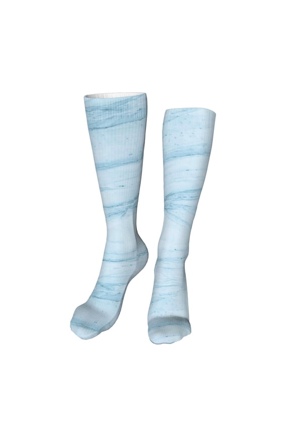 Light Blue Marble Print Calf Socks Seamless Toe, Knee High Long Socks, Sports Socks Trouser Socks for Women and Men-One Size
