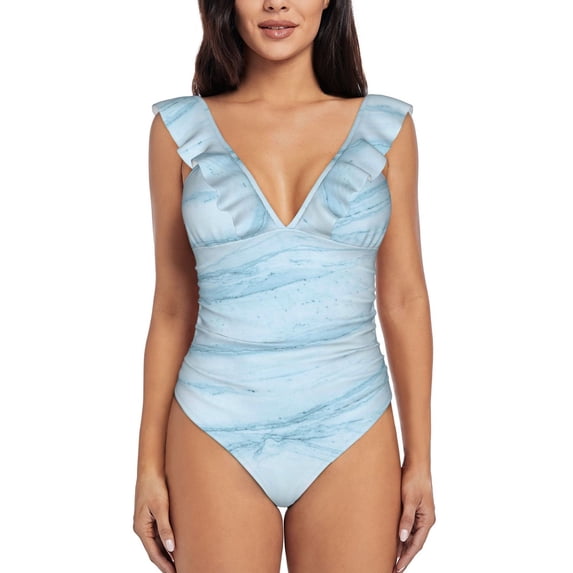Xecao Light Blue Marble print Ruffle One-Piece Swimsuit for Women,for the Beach or Pool