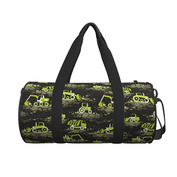 Xecao Light Green Excavator print Round Travel Duffel Bag is a foldable gym bag with an inner pocket, perfect for travel sports