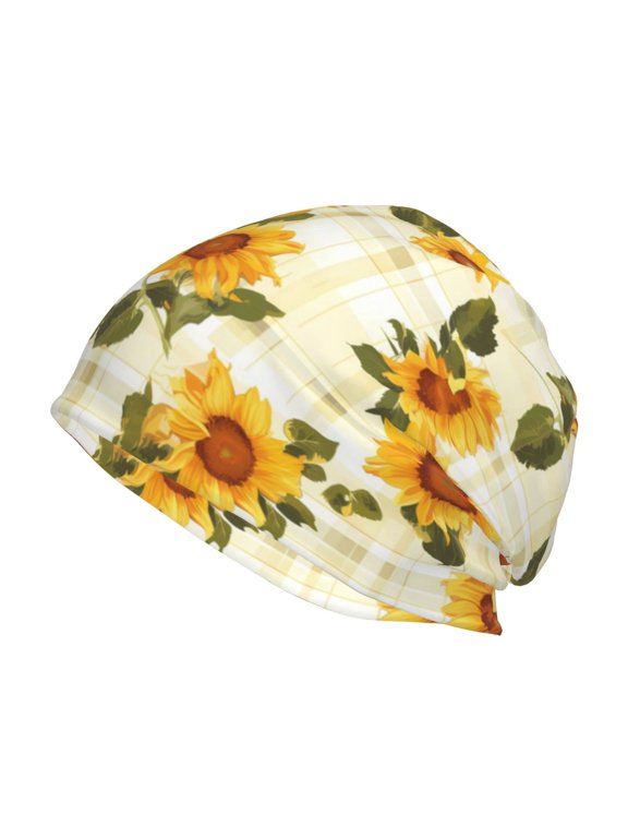 Light Green Plaid Sunflower Print Knit Hat,Winter Beanie for Men Women, Beanie Soft Warm Ski Stocking Cuffed Cap