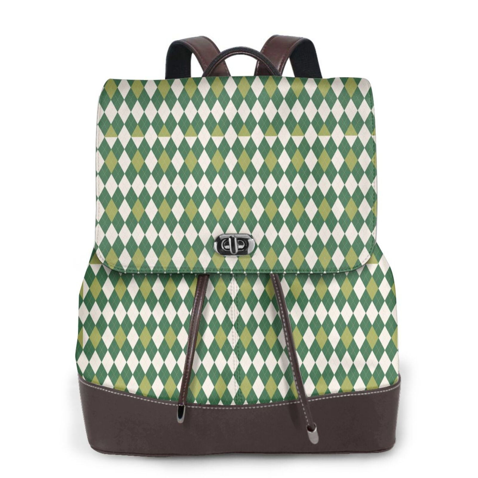 Xecao Light Green Squares Print Large Backpack Soft Leather for Women ...