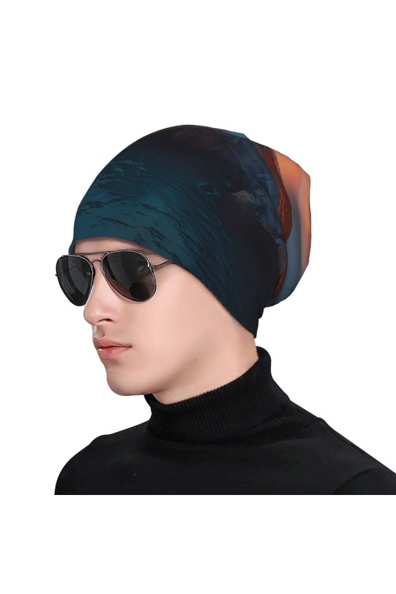 Lighthouse At Sunset Coast Print Beanie Knitted Hat for Men Women, Winter Fashion Knit Cuffed Caps Unisex