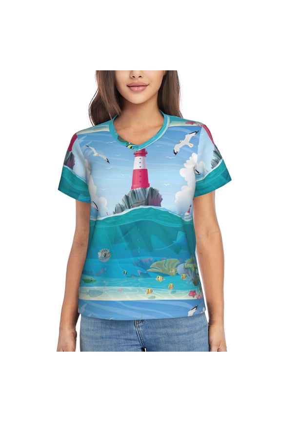 Lighthouse Sea Port for Women's V-Neck T-Shirts-Elegant Half-Sleeve Tops Perfect for Summer-Large