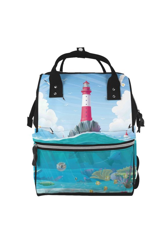 Lighthouse Sea Port print Large Capacity Nappy Bag is a multi-functional waterproof travel backpack, perfect as a nursing bag or mummy backpack for women