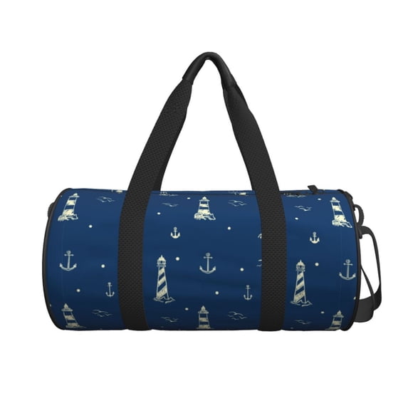 Xecao Lighthouses and Anchors print Round Travel Duffel Bag is a foldable gym bag with an inner pocket, perfect for travel sports