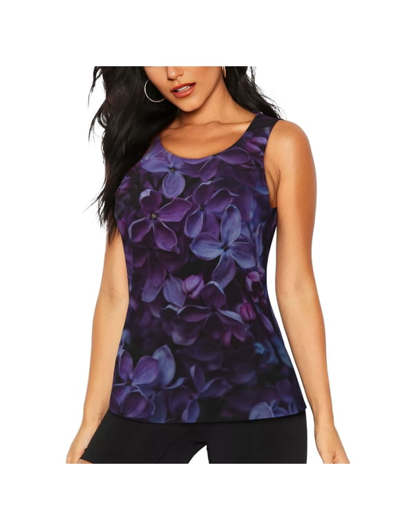 Lilac print women's scoop neck, loose-fit workout tank tops for the gym.