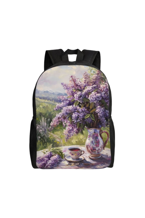 Lilacs Teapot Scenic Painting Print School Backpack with Laptop Compartment Small Travel Laptop Backpack for Women Men Waterproof College Backpack Simple School Bag
