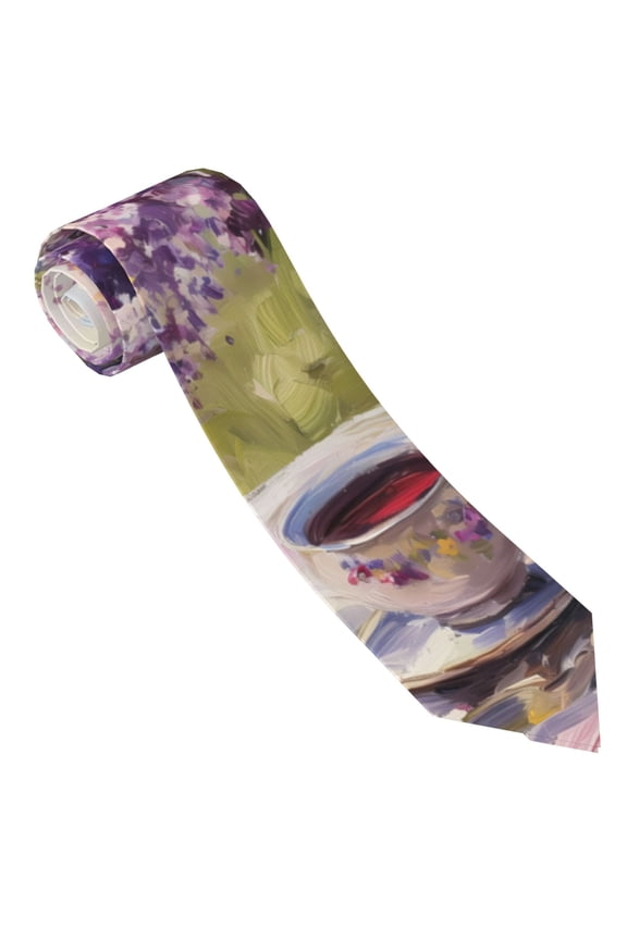 Lilacs Teapot Scenic Painting Print Tie For Men Necktie Woven Jacquard Neck Ties,Classic Men's Tie