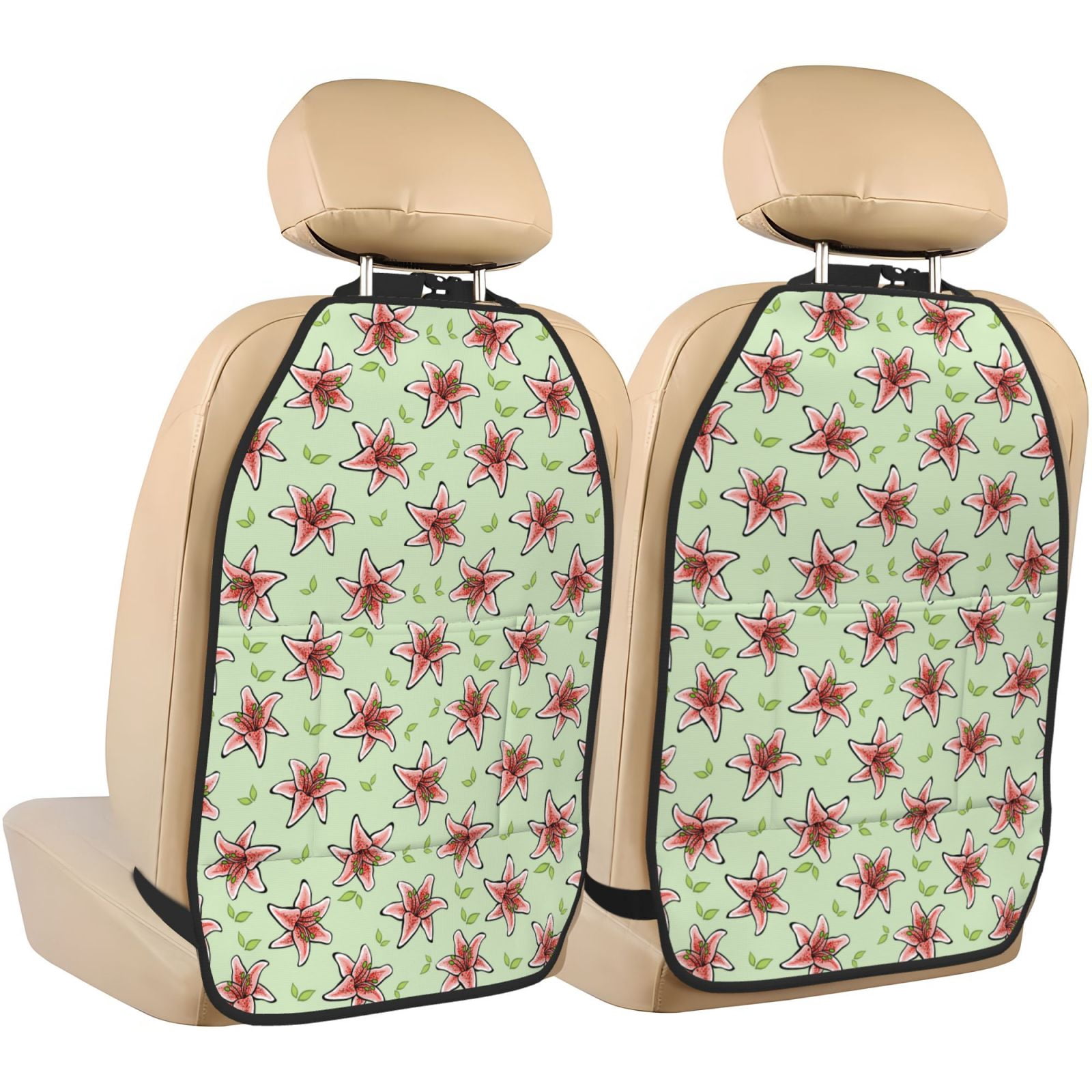 Xecao Lilies Flowers Pattern Car Seat Back Protector 2 Pack Large Capacity Pocket, Kick Mats Back Seat Protector