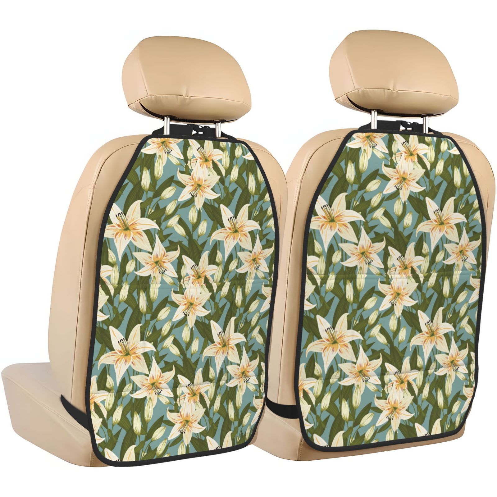 Xecao Lilies Flowers Pattern Car Seat Back Protector 2 Pack Large Capacity Pocket, Kick Mats Back Seat Protector