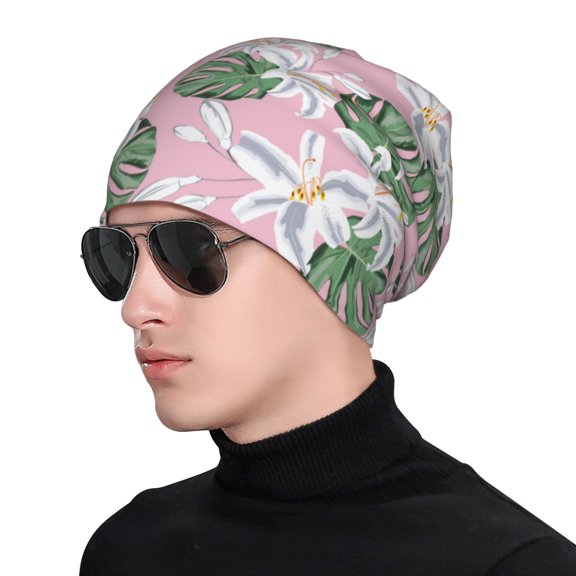 Xecao Lilies Flowers Print Beanie Knitted Hat for Men Women, Winter Fashion Knit Cuffed Caps Unisex