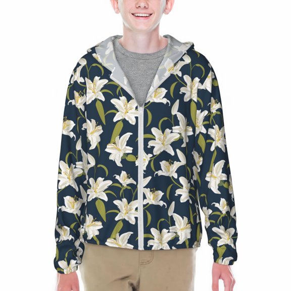 Xecao Lilies Flowers Print Fishing Shirts for teenager Long Sleeve UV Sun Protection Hoodie with Zipper Outdoor Hiking Shirts-X-Large