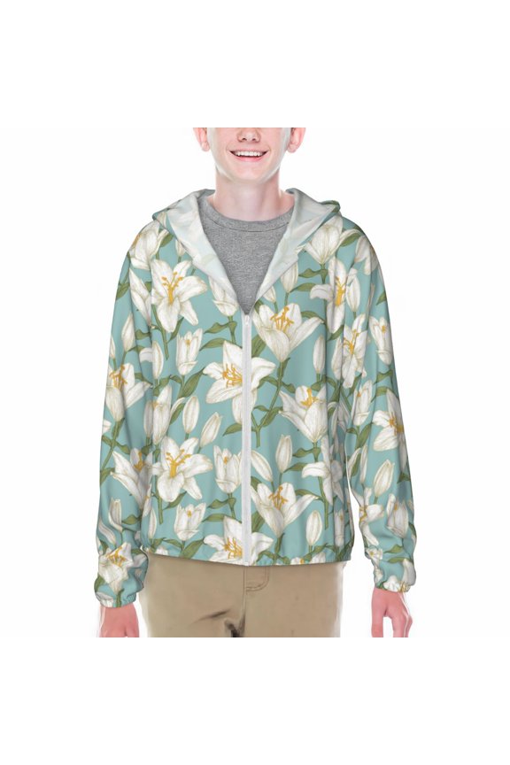 Lilies Flowers Print Fishing Shirts for teenager Long Sleeve UV Sun Protection Hoodie with Zipper Outdoor Hiking Shirts-XX-Large
