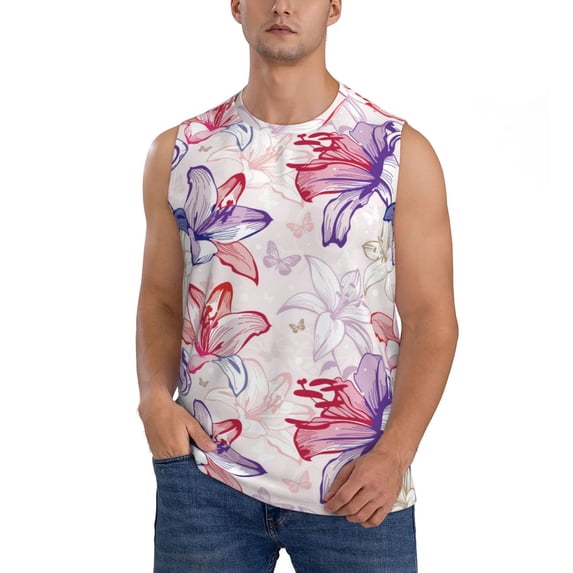 Xecao Lilies Flowers Print Men's Tank Top: Sleek Sleeveless Tee for Casual Sports and Beach Occasions-Medium