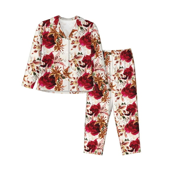 Xecao Lilies Flowers Print Women Pajamas Set Soft Sleepwear Pjs long Sleeve Button Down Nightwear with Long Pants