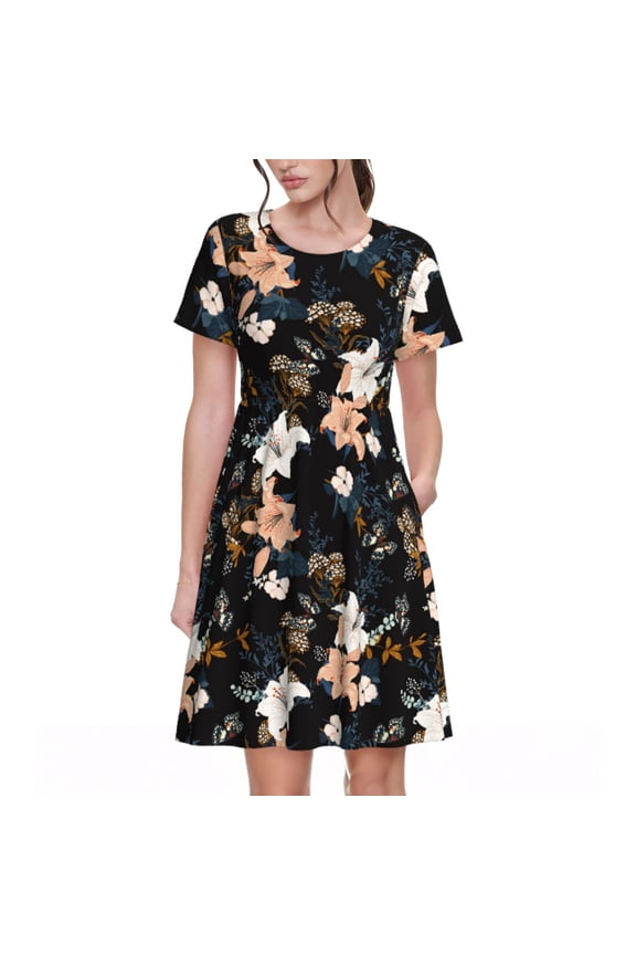 Lilies Flowers for Women Summer Short Sleeve Midi Dress with Pockets Casual Aline Flowy Tshirt Dress Vocation Beach Sundress