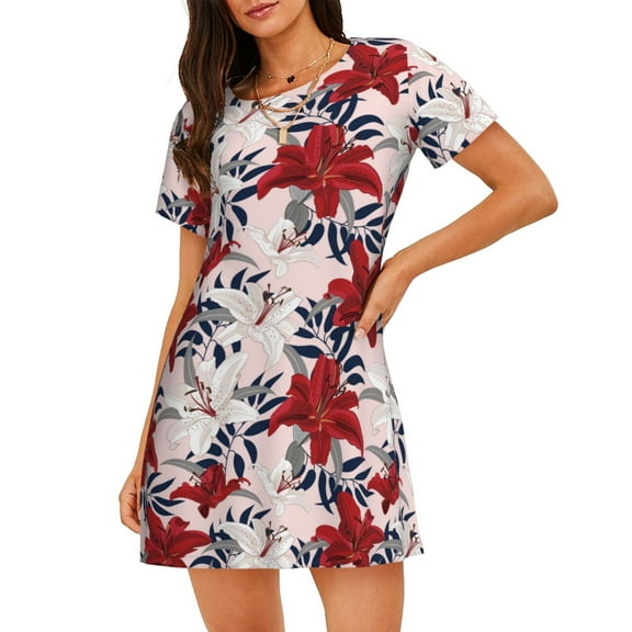 Xecao Lilies Flowers for Women's Loose Nightgown Sleepwear Short Sleeves Shirt Casual Print Sleepdress