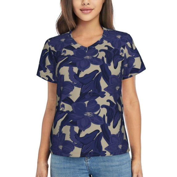 Xecao Lilies Flowers for Women's V-Neck T-Shirts-Elegant Half-Sleeve Tops Perfect for Summer-Medium