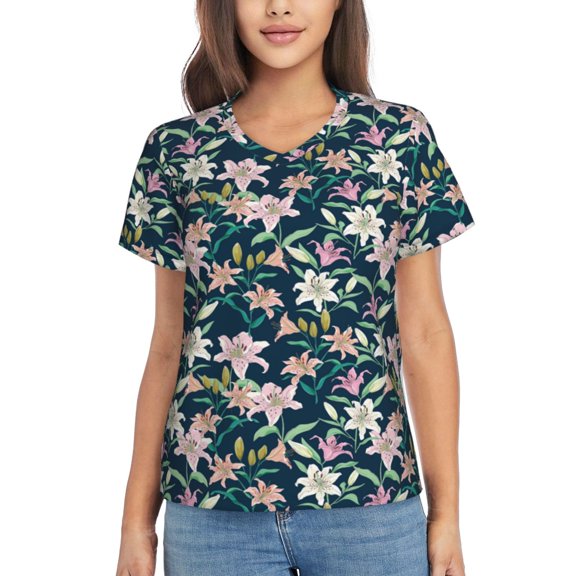 Xecao Lilies Flowers for Women's V-Neck T-Shirts-Elegant Half-Sleeve Tops Perfect for Summer-Small