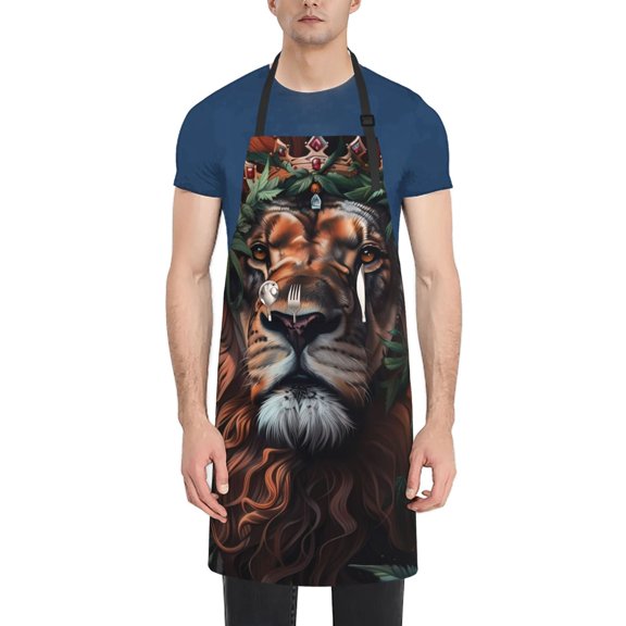 Xecao Lion Forest Crown Print Kitchen Cooking Aprons, Waterproof Adjustable Bib Aprons with 2 Pockets for Women Men Chef