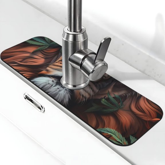Xecao Lion Forest Crown for Kitchen Sink Splash Guard Faucet Mat , Faucet Guard & Draining mat, (15" X 5.5" )