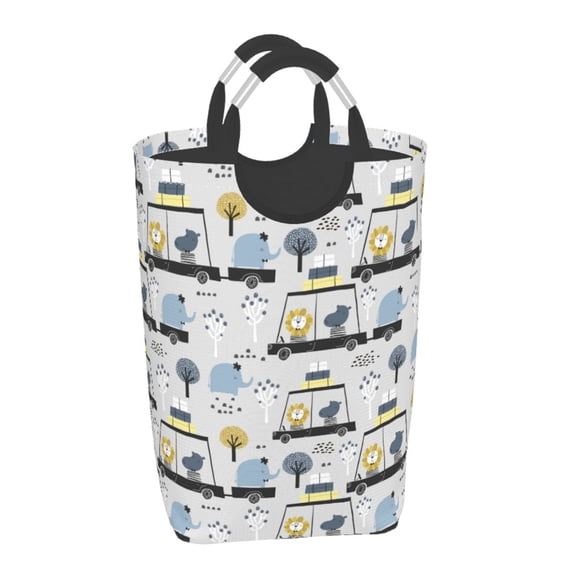Xecao Lion Hippo Elephant On The Car for Laundry Basket,Collapsible Large Laundry Hamper,Wash Bag for Laundry Room, Rolling Laundry Basket with Handles