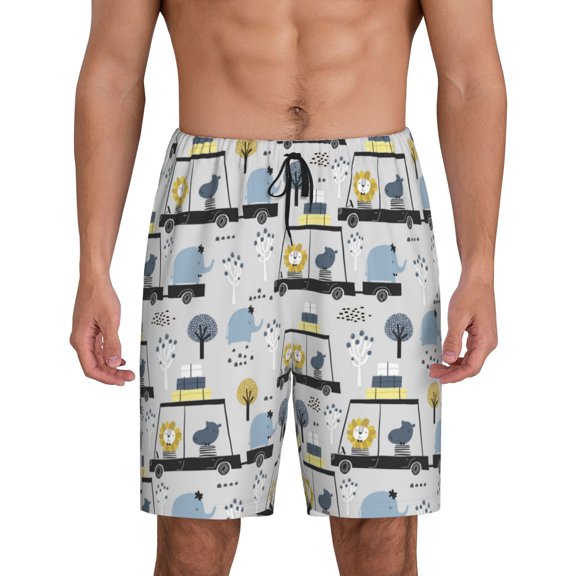 Xecao Lion Hippo Elephant On The Car Print Men's Sleepwear Shorts Pajama Bottom Lounge Short ,Nightwear with Convenient Pockets for Relaxed Home Wear-X-Large